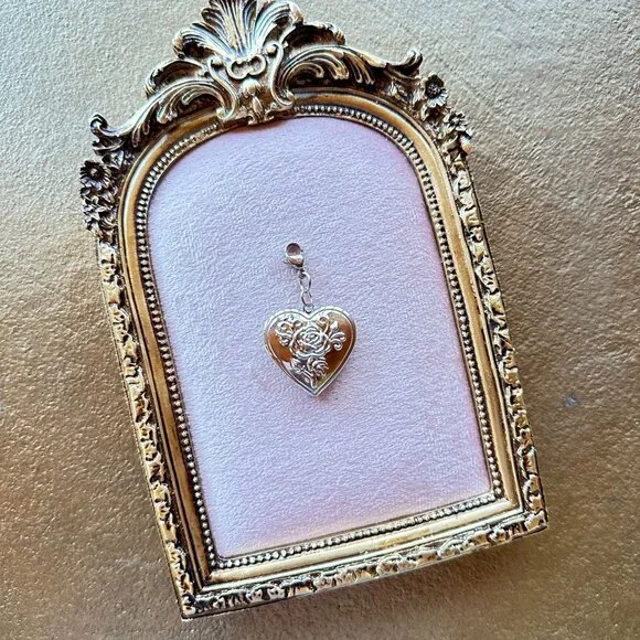 Heart Locket Charm Pendant With Floral Design In Stainless Steel Lobster Clasp - Picture 15 of 16